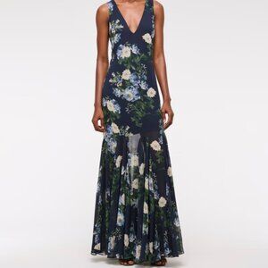 Abercrombie & Fitch Plunge Godet Skirt Maxi Dress - Dark Indigo Floral - Size L